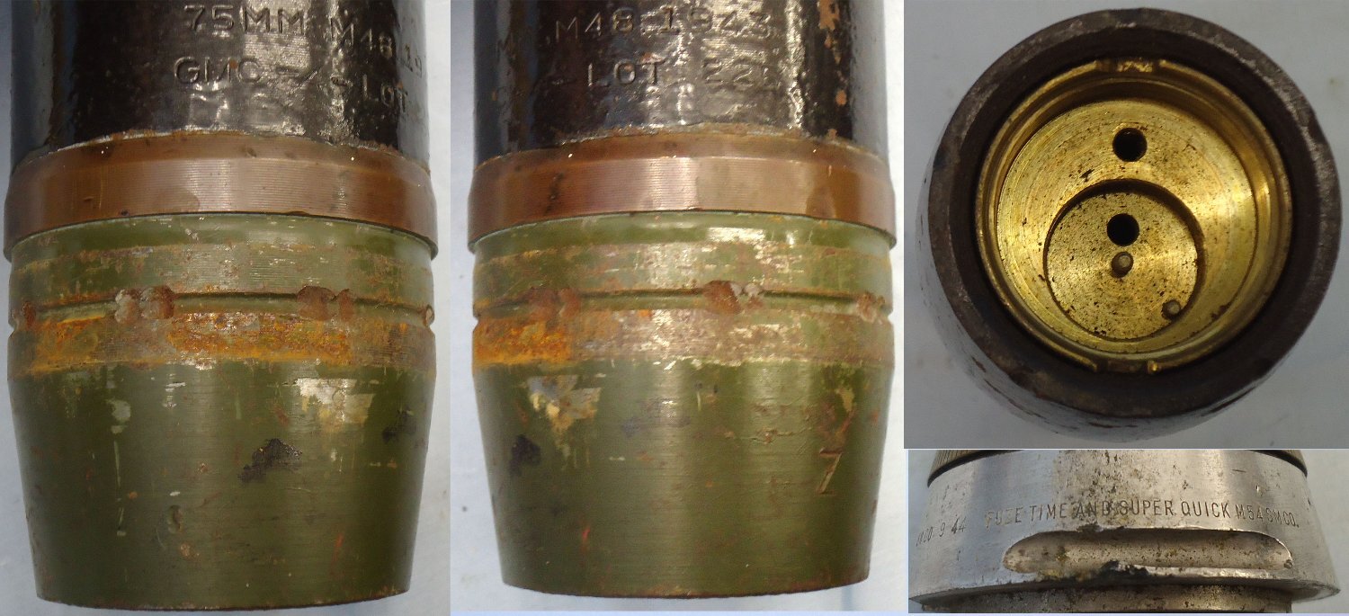  WW2, 1943 Dated, American 75mm (75x350R) M48 High Explosive Round with Super Quick Fuze for the Sherman M4 Tank. O 2420 WW2, 1943 Dated, American 75mm (75x350R) M48 High Explosive Round with Super Quick Fuze for the Sherman M4 Tank. O 2420 Various Other Ammunition